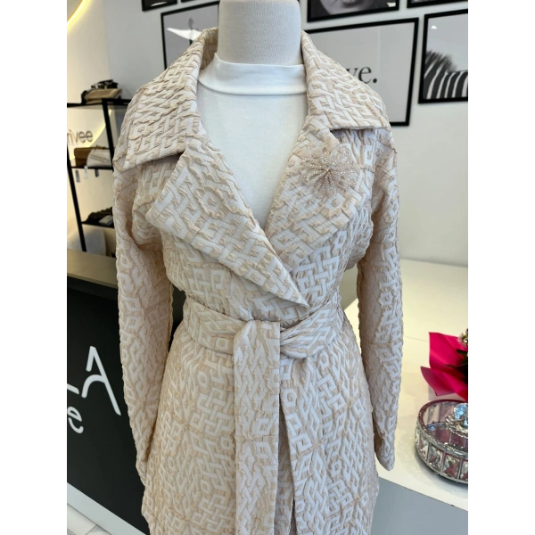 Orhan Store Geometrik Desen Jakarlı Kuşaklı Ceket