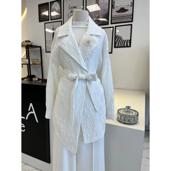 Orhan Store Geometrik Desen Jakarlı Kuşaklı Ceket