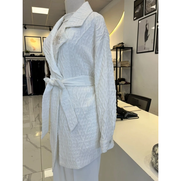 Orhan Store Geometrik Desen Jakarlı Kuşaklı Ceket