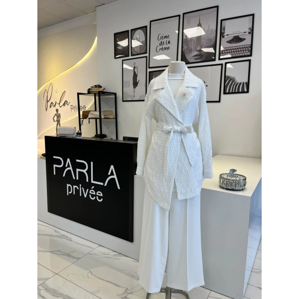 Orhan Store Geometrik Desen Jakarlı Kuşaklı Ceket