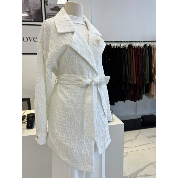 Orhan Store Geometrik Desen Jakarlı Kuşaklı Ceket