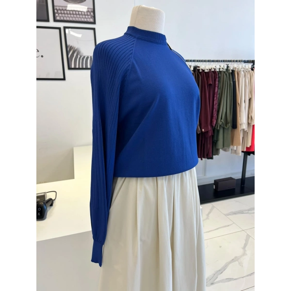 Nuss Fermuar Detaylı Saks Triko Tunik