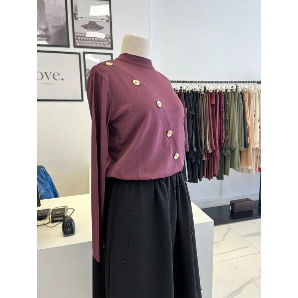 Nuss Düğme Detaylı Bordo Triko Tunik
