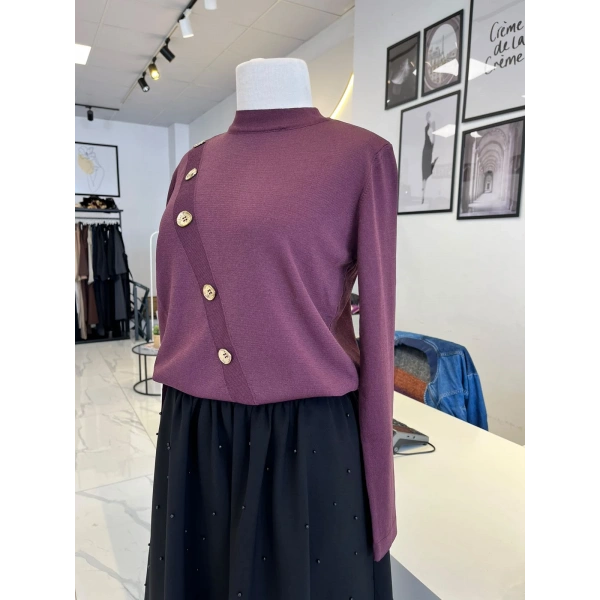 Nuss Düğme Detaylı Bordo Triko Tunik