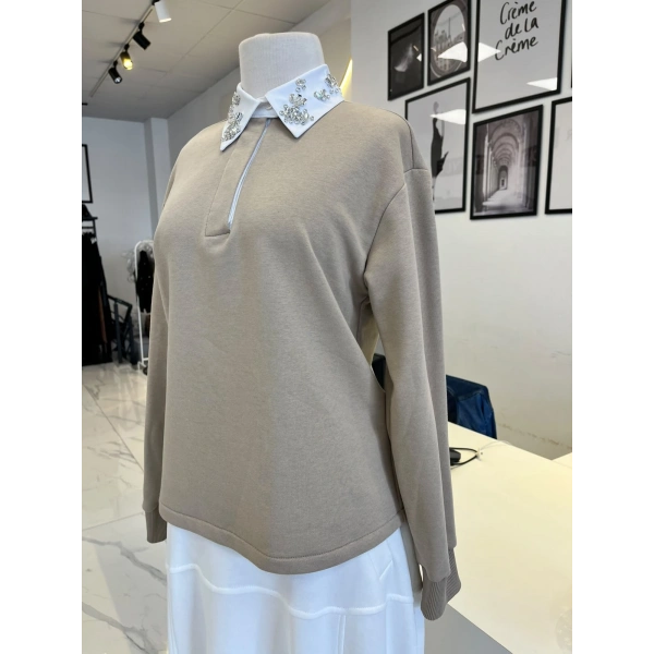 Wennora Yakası Taşlı Bej Sweat