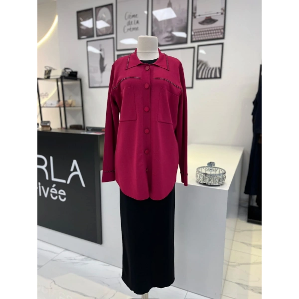 Tığ Triko Polo Yaka Taşlı Rayon Hırka