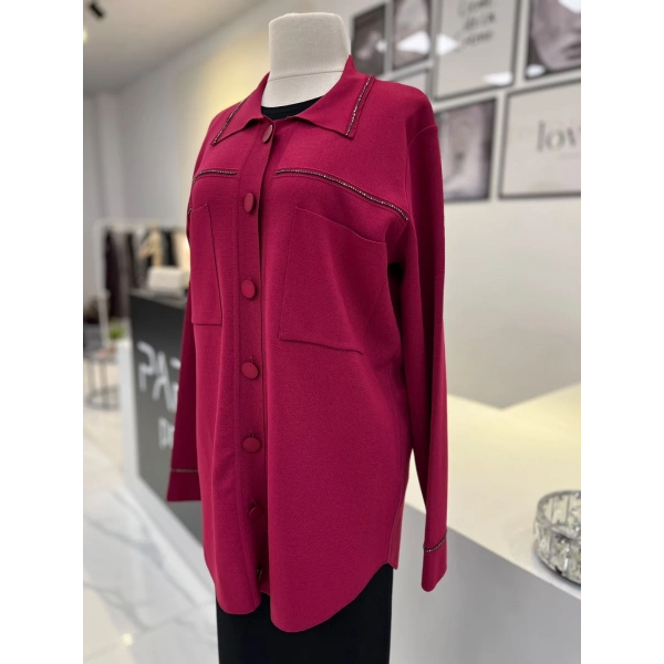 Tığ Triko Polo Yaka Taşlı Rayon Hırka
