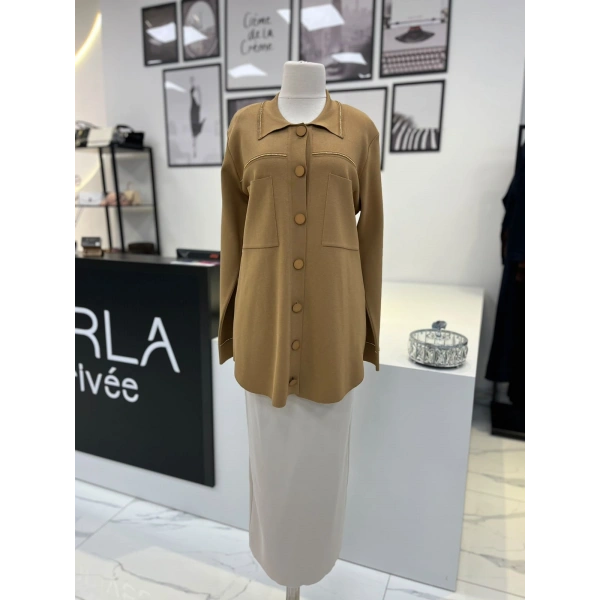 Tığ Triko Polo Yaka Taşlı Rayon Hırka