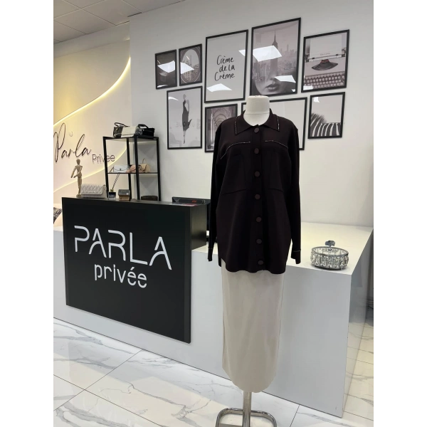 Tığ Triko Polo Yaka Taşlı Rayon Hırka