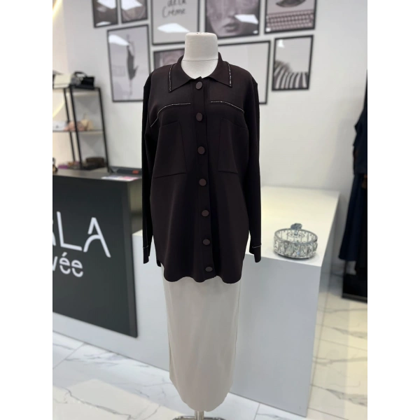 Tığ Triko Polo Yaka Taşlı Rayon Hırka