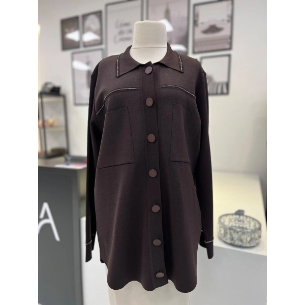 Tığ Triko Polo Yaka Taşlı Rayon Hırka