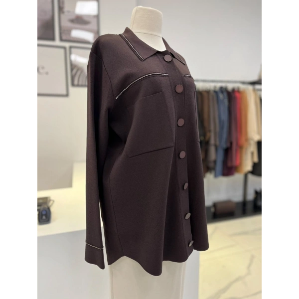 Tığ Triko Polo Yaka Taşlı Rayon Hırka