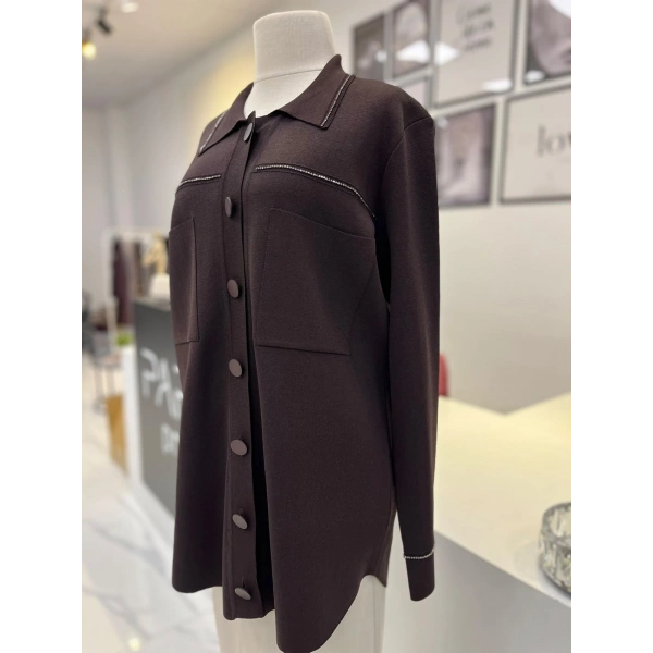 Tığ Triko Polo Yaka Taşlı Rayon Hırka