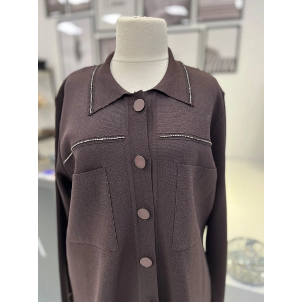 Tığ Triko Polo Yaka Taşlı Rayon Hırka