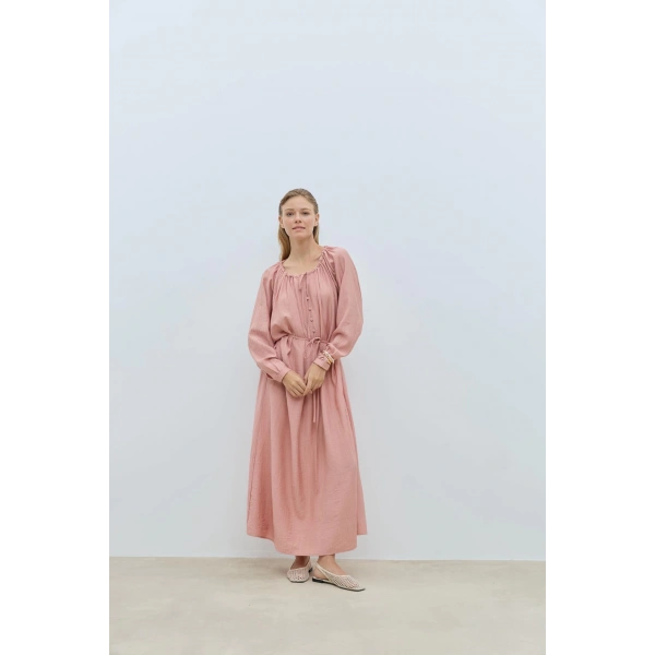 Düğmeli Balon Kol Çağla Yeşili Elbise