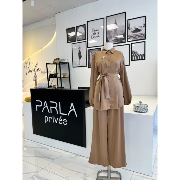 Merwish Camel Broşlu Saten Takım