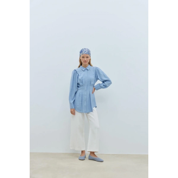 Modal Pile Detaylı Mavi Gömlek