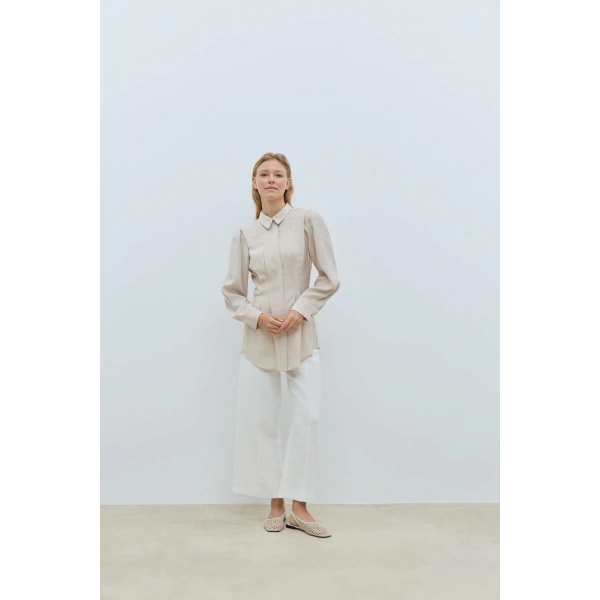 Modal Pile Detaylı Mavi Gömlek