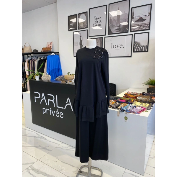 NURCAN ÇETİN ŞİFON DETAYLI İKİLİ TAKIM SİYAH