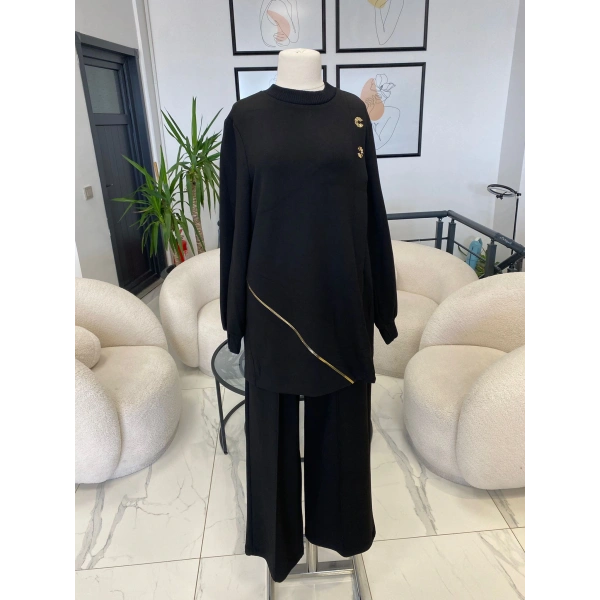 NUSS FERMUAR DETAYLI İKİLİ TAKIM SİYAH