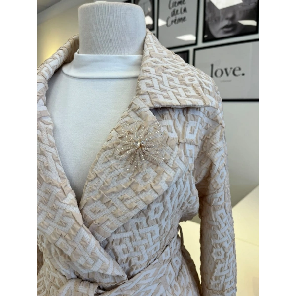 Orhan Store Geometrik Desen Jakarlı Kuşaklı Ceket