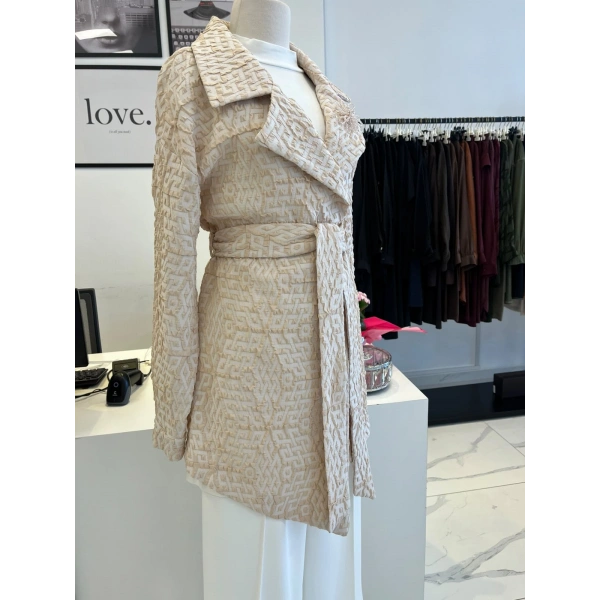 Orhan Store Geometrik Desen Jakarlı Kuşaklı Ceket