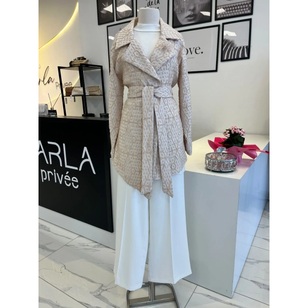 Orhan Store Geometrik Desen Jakarlı Kuşaklı Ceket
