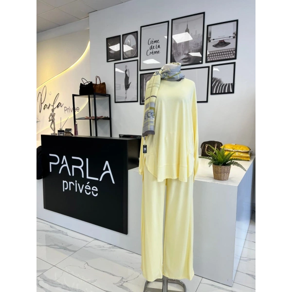 Parla Sarı Nervürlü Pantolonlu Takım