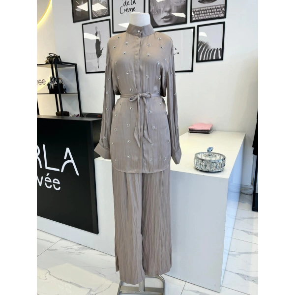 Pearly Collection Taş Detaylı Saten Takım