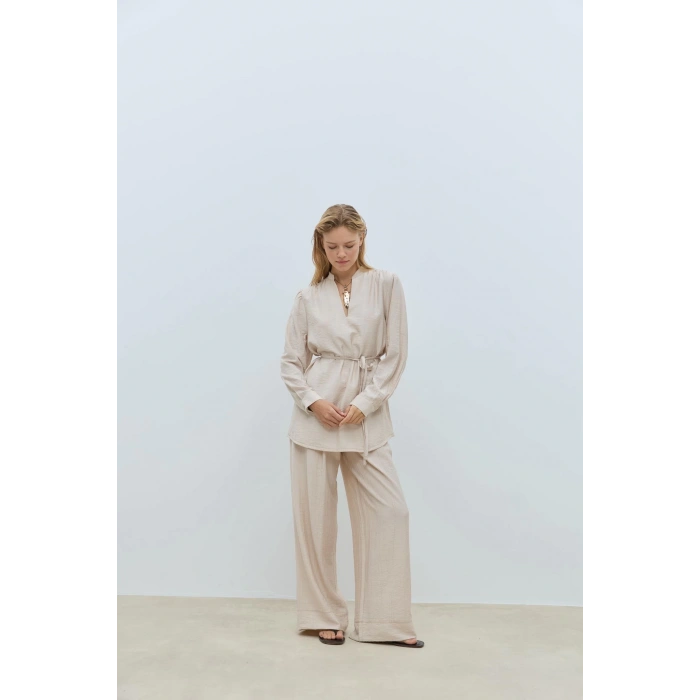 BOOD Dökümlü V Yaka Taş Rengi Bluz