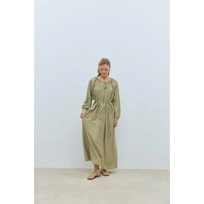 Düğmeli Balon Kol Çağla Yeşili Elbise