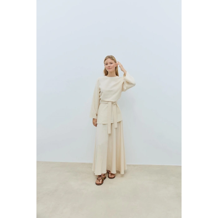 BOOD Kuşaklı Tencel Vanilya Bluz