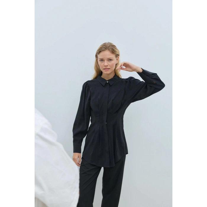 Modal Pile Detaylı Mavi Gömlek