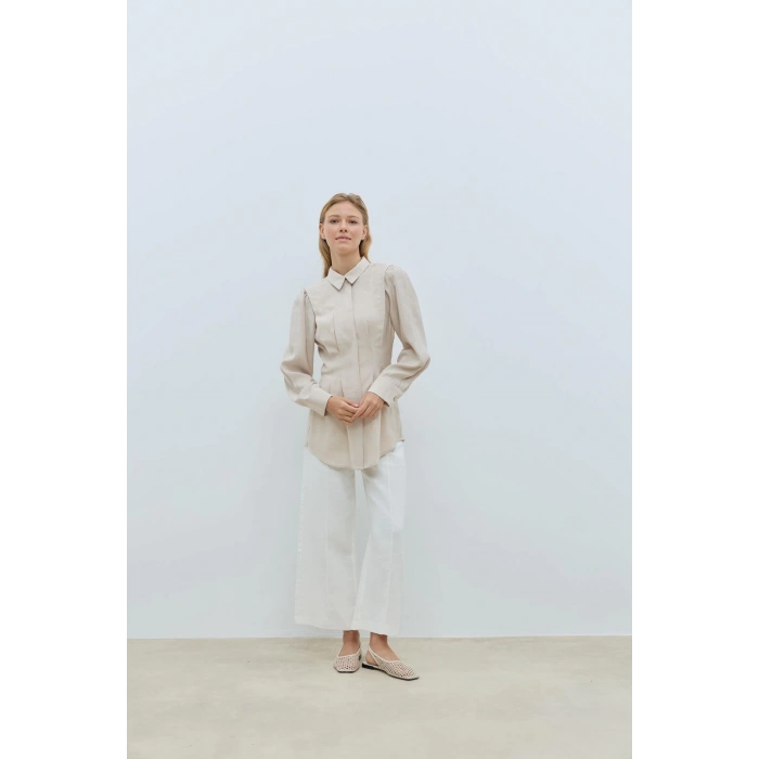 Modal Pile Detaylı Mavi Gömlek