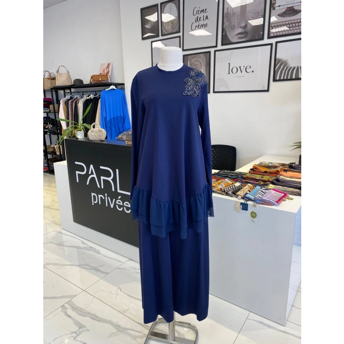 NURCAN ÇETİN ŞİFON DETAYLI İKİLİ TAKIM LACİVERT