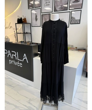 PARLA DANTEL DÜĞMELİ VİSKON ELBİSE