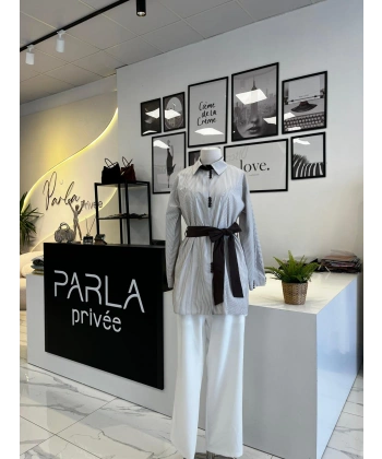 NPrive Biye Detaylı Çizgili Tunik