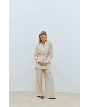 BOOD Dökümlü V Yaka Taş Rengi Bluz