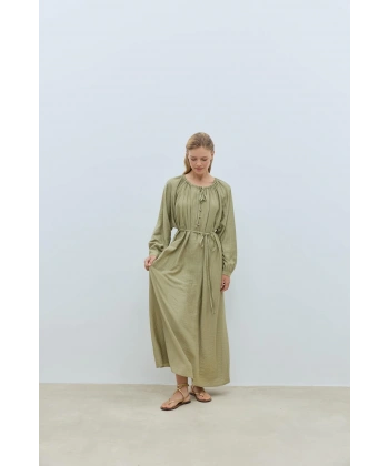 Düğmeli Balon Kol Çağla Yeşili Elbise