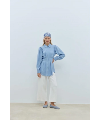 Modal Pile Detaylı Mavi Gömlek