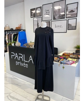 NURCAN ÇETİN ŞİFON DETAYLI İKİLİ TAKIM SİYAH