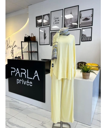 Parla Sarı Nervürlü Pantolonlu Takım