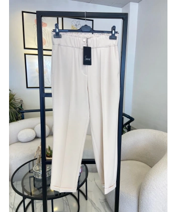 sentez beli lastikli taş rengi pantolon