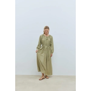 Düğmeli Balon Kol Çağla Yeşili Elbise