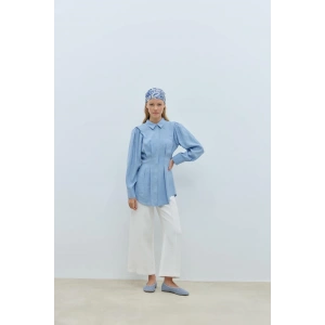 Modal Pile Detaylı Mavi Gömlek
