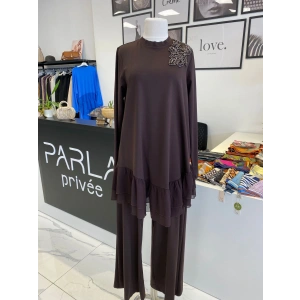 NURCAN ÇETİN ŞİFON DETAYLI İKİLİ TAKIM KAHVERENGİ