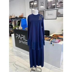 NURCAN ÇETİN ŞİFON DETAYLI İKİLİ TAKIM LACİVERT