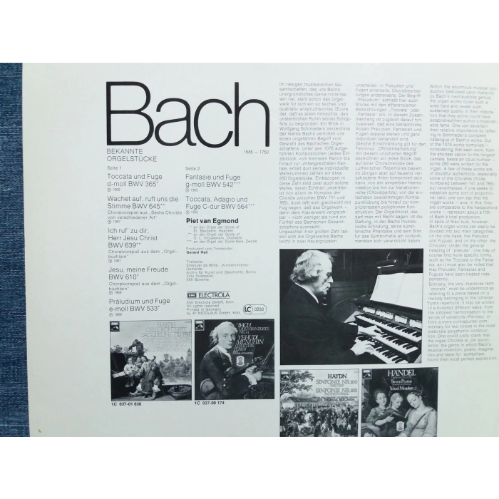 BACH BEKANNTE ORGEL PIET VAN EGMOND MUSIC LP