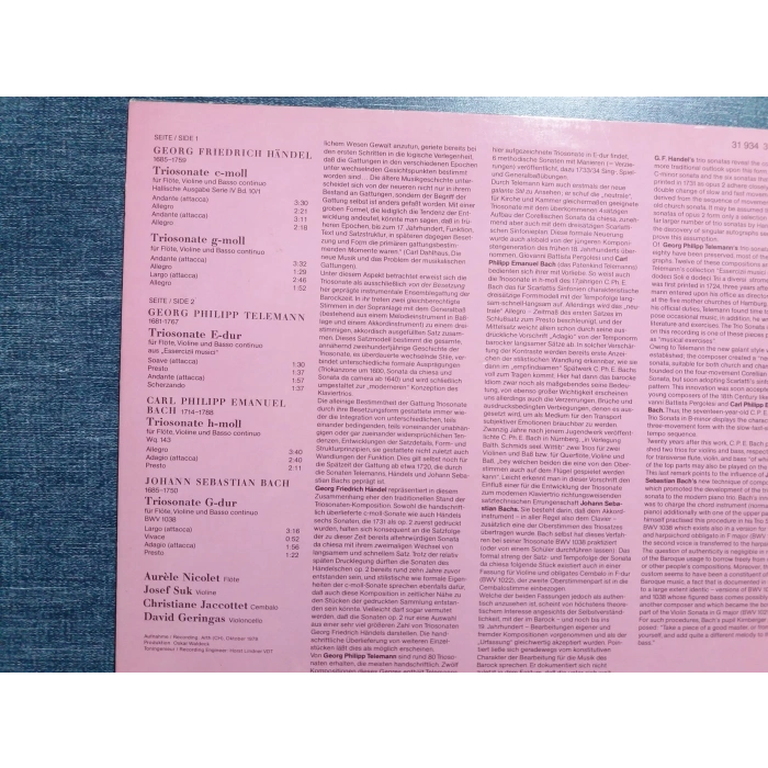 BACH HANDEL TELEMANN TRIO SONATEN MUSIC LP