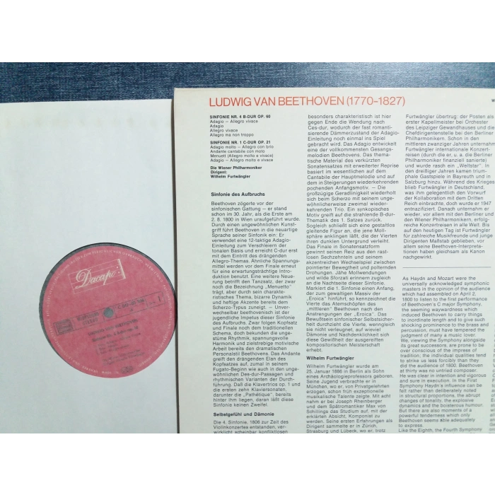 BEETHOVEN 4.SINFONIE  1.SINFONIE WILHEM FURTWANGLER MUSIC LP